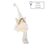 Vánoční anděl s visícími nohami 60 cm, bílý, s LED - Bílý anděl s vysokou čepicí, křídly a zlatými copy, sukně svítí a pod ní visí nohy, štítek LED decoration.